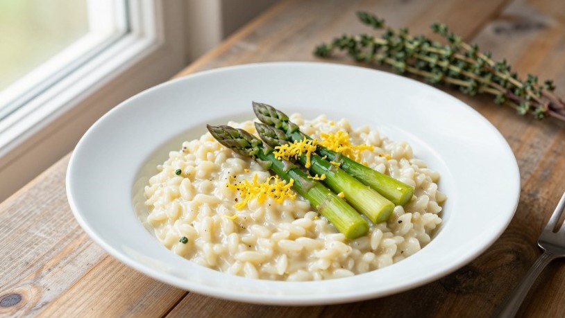 Warmes Zitronen-Spargel-Risotto, dampfend