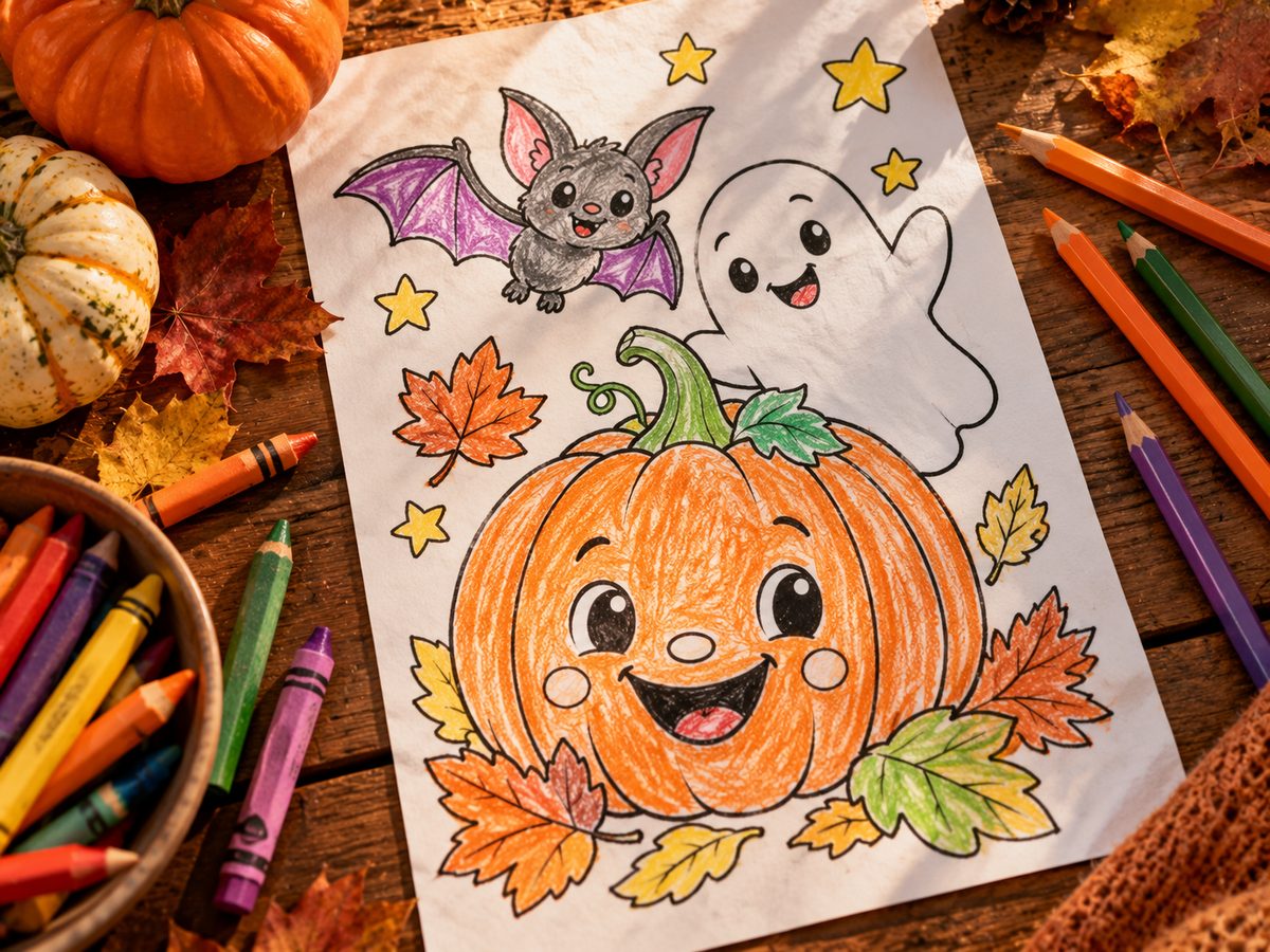 Halb ausgemalte Halloween-Ausmalseite mit Kürbis, Fledermaus und Gespenst auf einem Holztisch