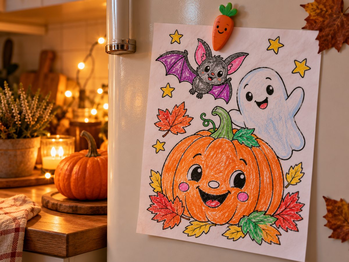 Fertig ausgemalte Halloween-Seite mit Möhren-Magnet am Kühlschrank