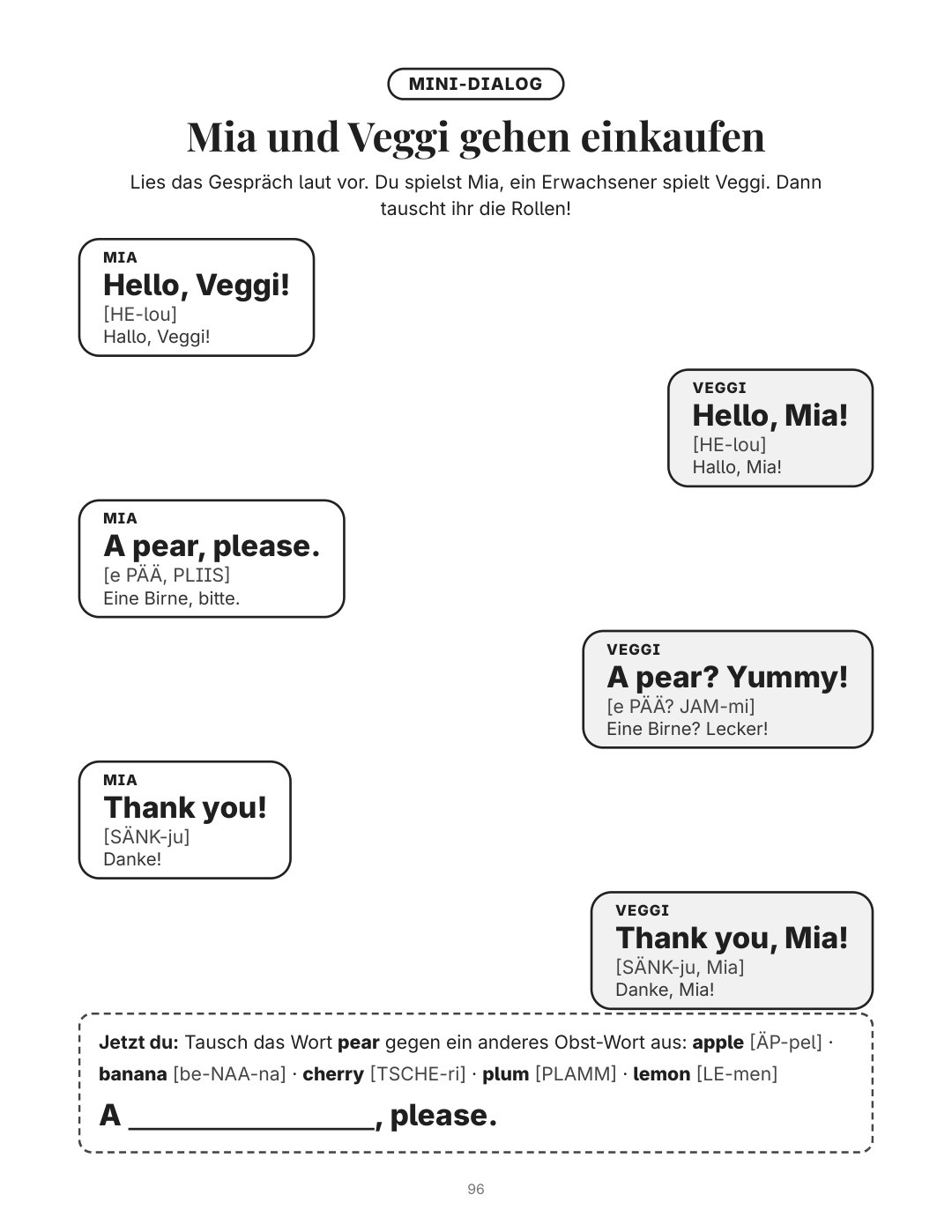 Mini-Dialog: Mia und Veggi gehen einkaufen