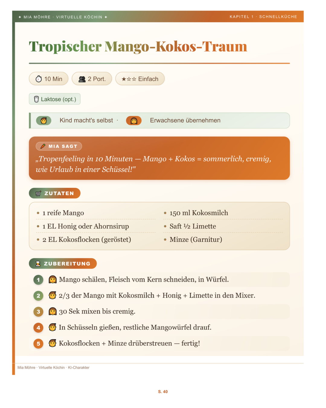 Kostprobe, linke Seite: die Rezeptseite zum Tropischen Mango-Kokos-Traum