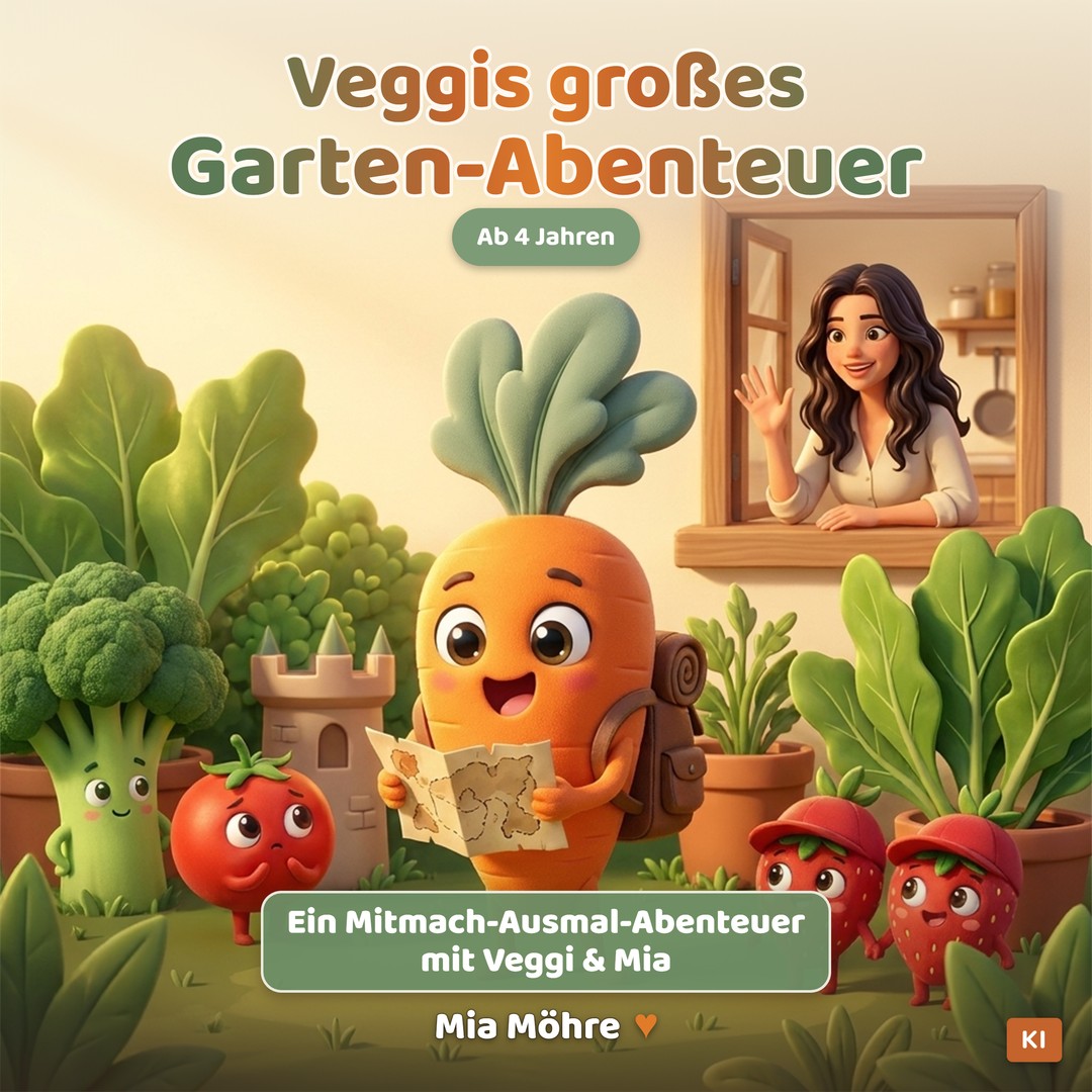 Cover: Veggis großes Garten-Abenteuer — Mitmach-Ausmal-Buch ab 4 Jahren mit Mia Möhre und Veggi