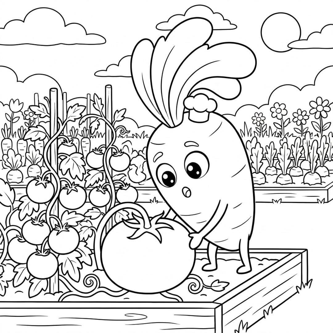 Station Tomaten-Beet — Ausmalseite zum Selbstausmalen