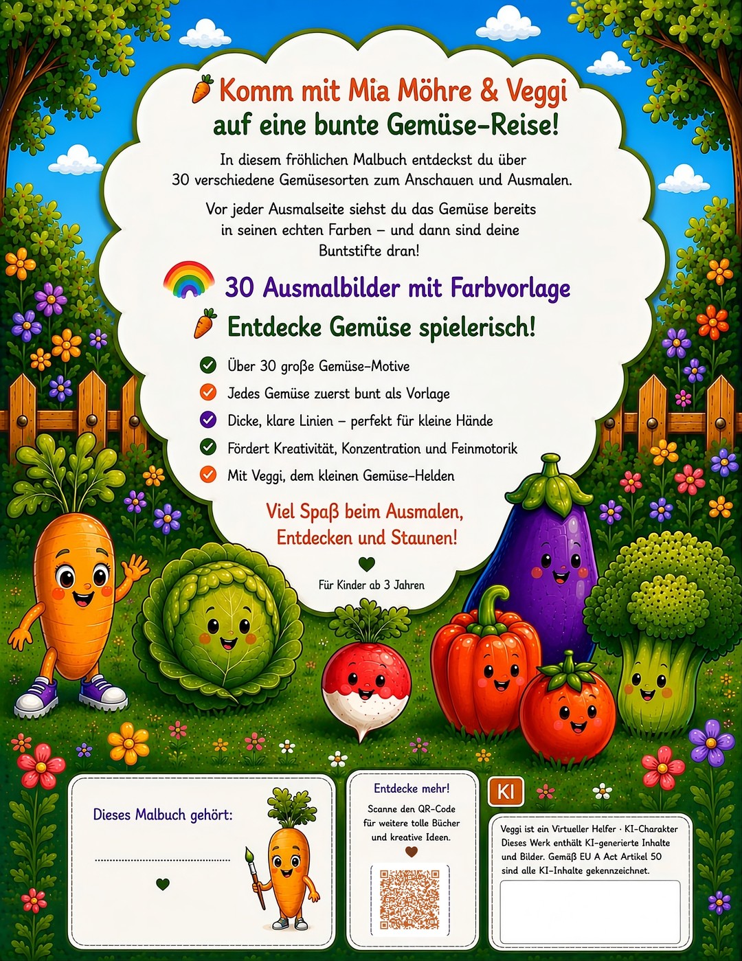 Backcover: Mein erstes Gemüse-Malbuch für Kinder ab 3 Jahren — mit Mia Möhre & Veggi