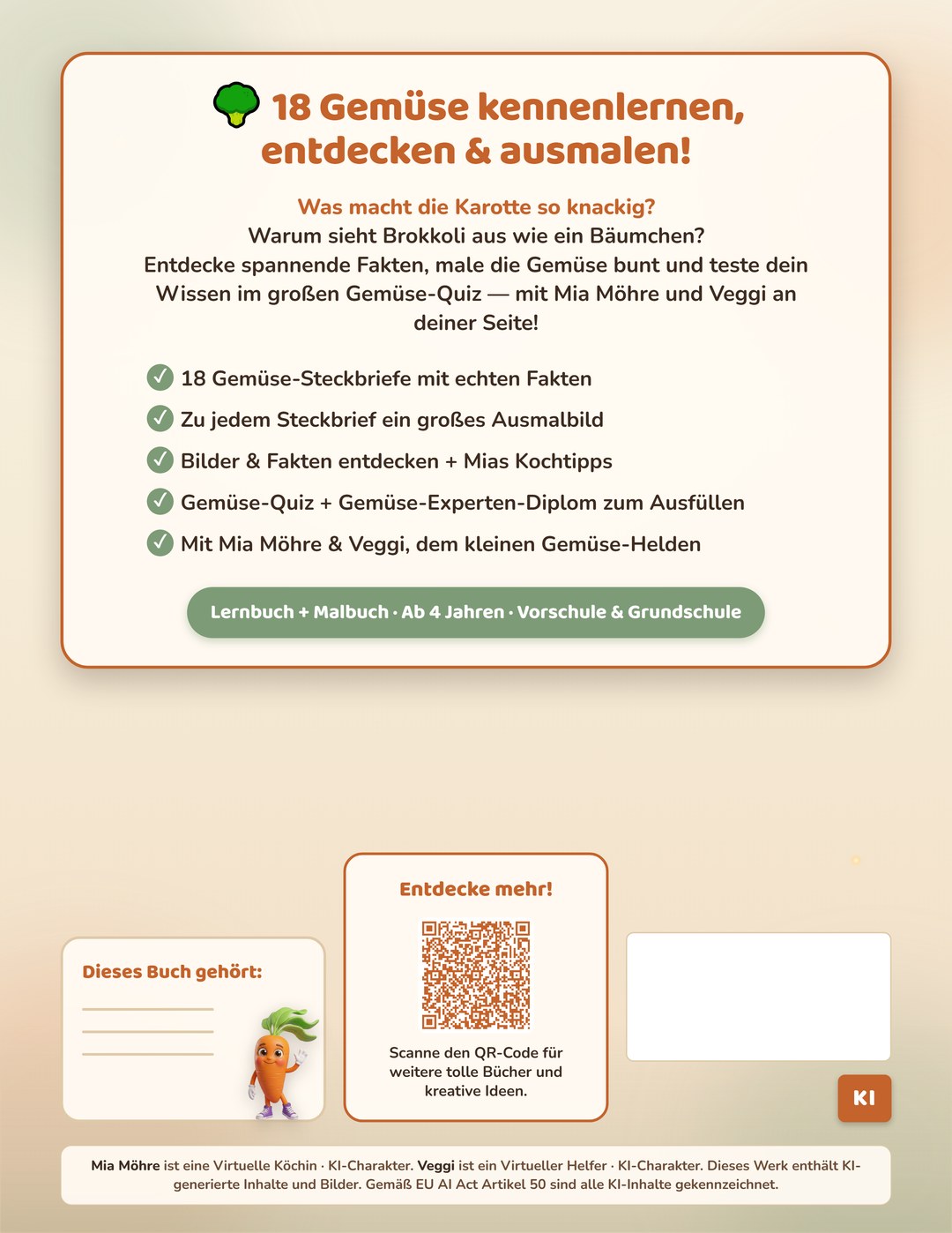 Backcover: Gemüse-Steckbriefe zum Ausmalen — mit Mia Möhre und Veggi