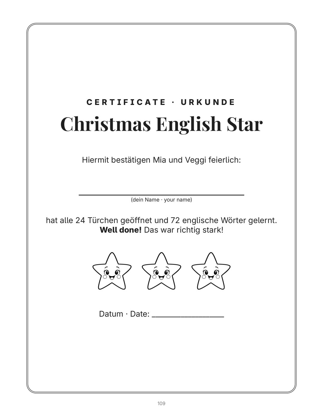 Certificate · Urkunde: Christmas English Star