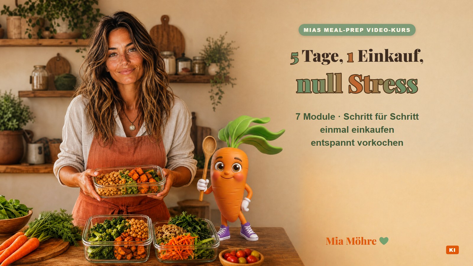 Mias Meal-Prep-Video-Kurs: Mia mit frisch vorgekochten Boxen, Veggi mit Kochlöffel — 5 Tage, 1 Einkauf, null Stress