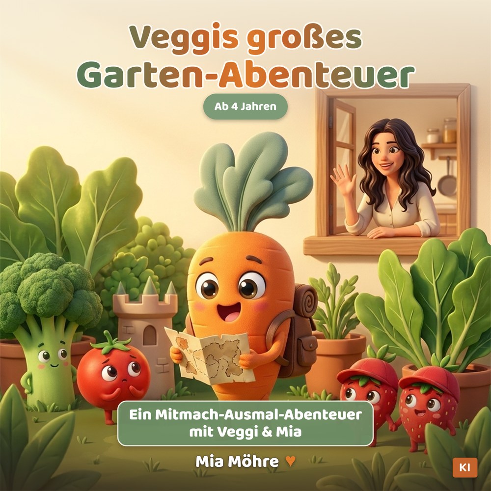 Cover: Veggis großes Garten-Abenteuer — Mitmach-Ausmal-Buch ab 4 Jahren mit Mia Möhre & Veggi