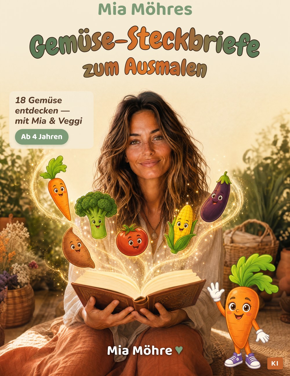 Cover: Gemüse-Steckbriefe zum Ausmalen — Lernbuch ab 4 Jahren mit Mia Möhre & Veggi
