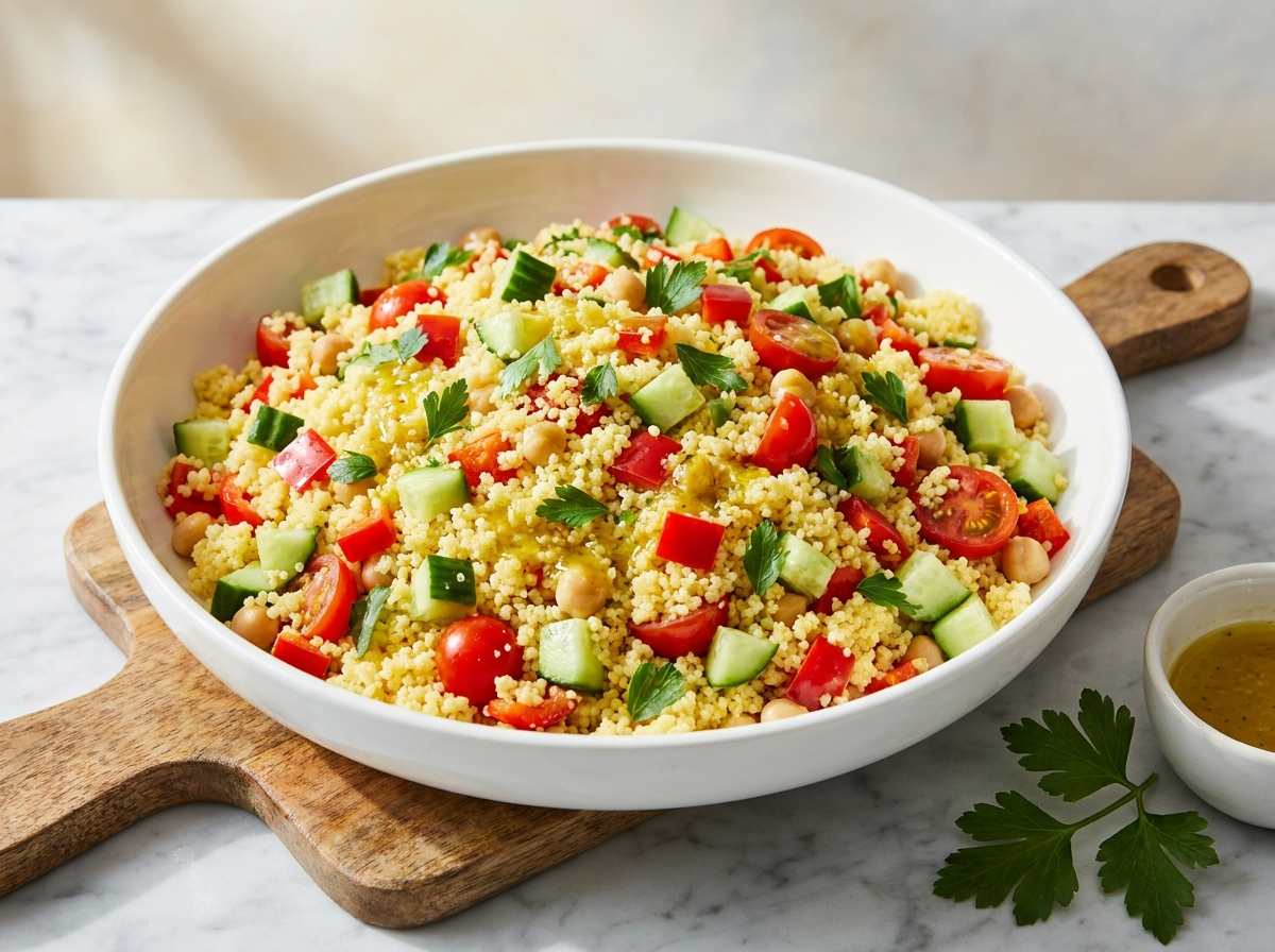 Regenbogen-Couscous-Salat mit Gurke, Kirschtomaten, Paprika und Kichererbsen