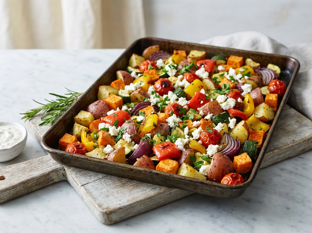 Buntes Ofengemüse vom Blech mit Kartoffeln, Paprika, Zucchini und Feta