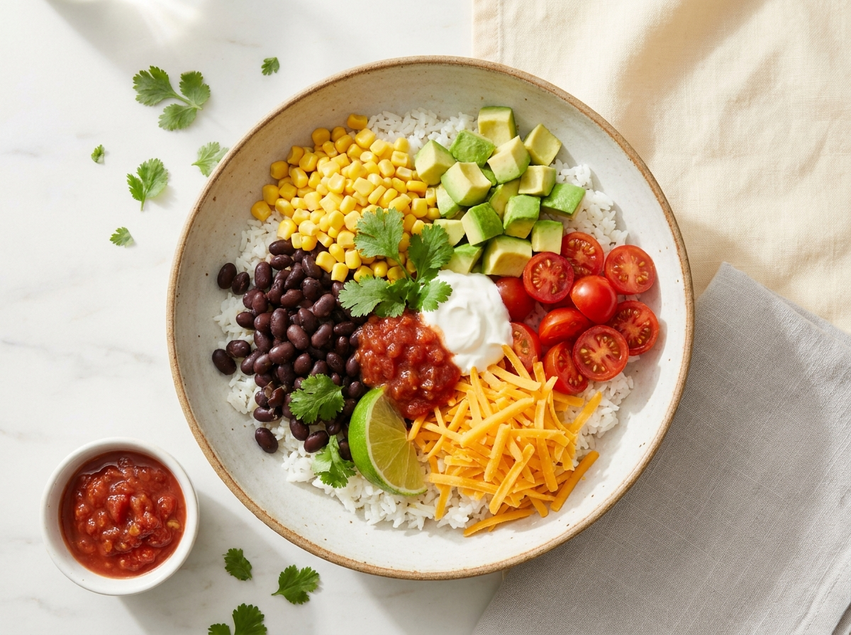 Bunte Fiesta-Bowl mit Reis, Mais, Bohnen, Avocado, Tomaten und Käse