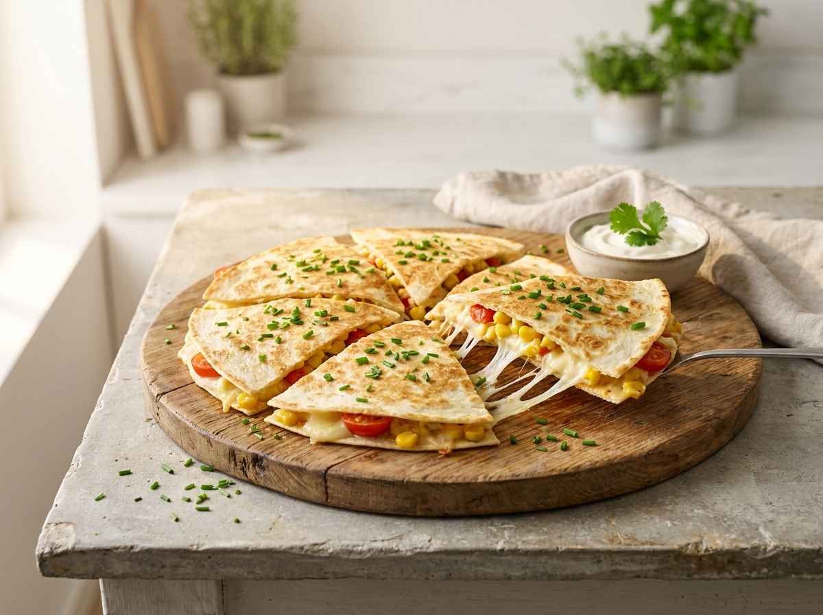 Goldene Käse-Mais-Quesadillas in Dreiecke geschnitten mit Joghurt-Dip