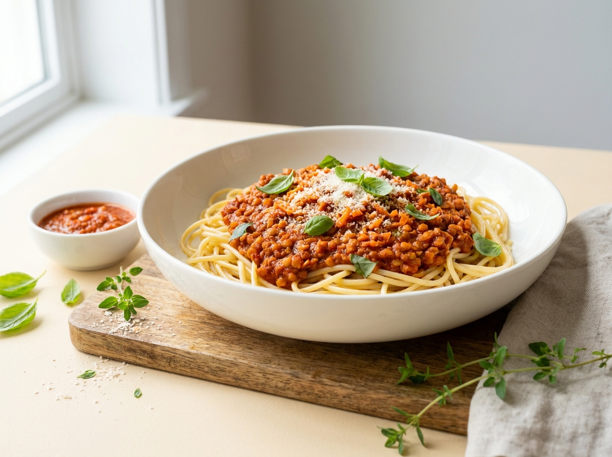Bunte Tomaten-Spaghetti mit Linsen-Bolognese, Basilikum und Käse