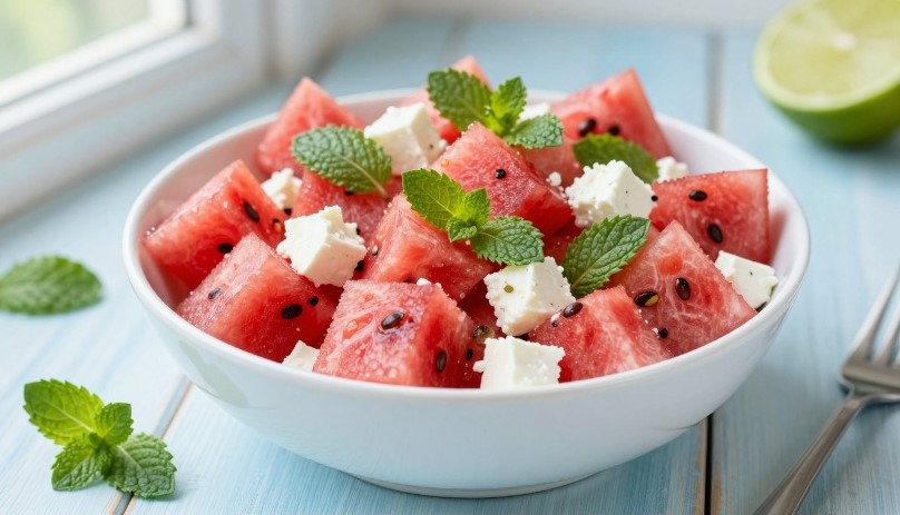 Wassermelonen-Feta-Salat mit frischer Minze und Limette in einer weißen Schale
