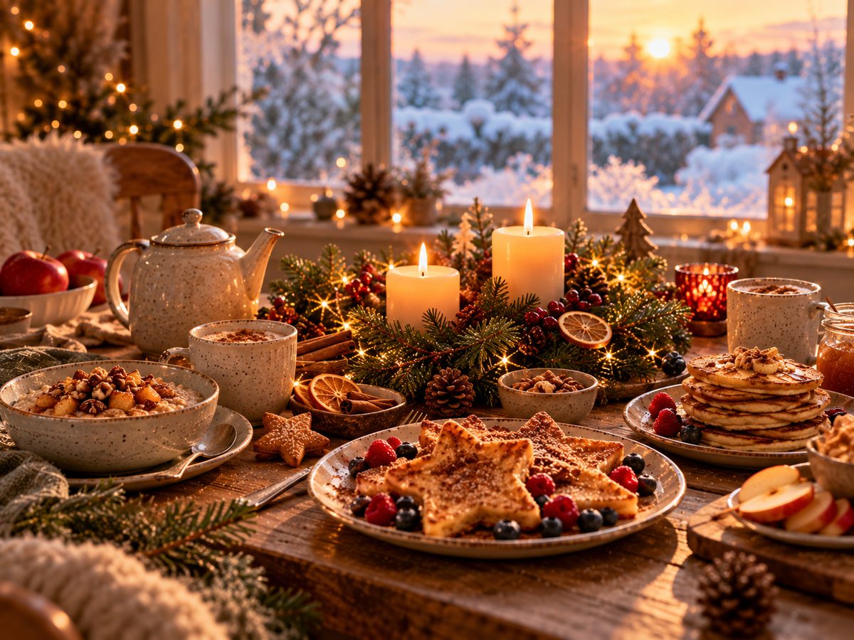 Frühstückstisch mit Adventskranz, zwei brennenden Kerzen und verschneitem Fenster