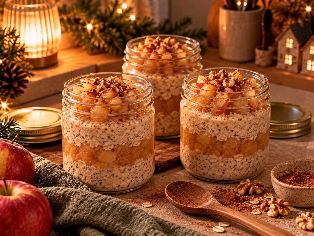 Drei Gläser Overnight Oats mit Apfelmus-Schicht und Apfelwürfeln