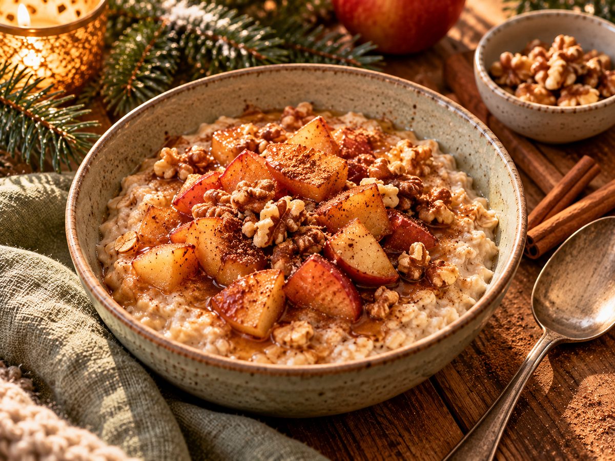 Schale Porridge mit gebratenen Apfelwürfeln, Walnüssen und Zimt