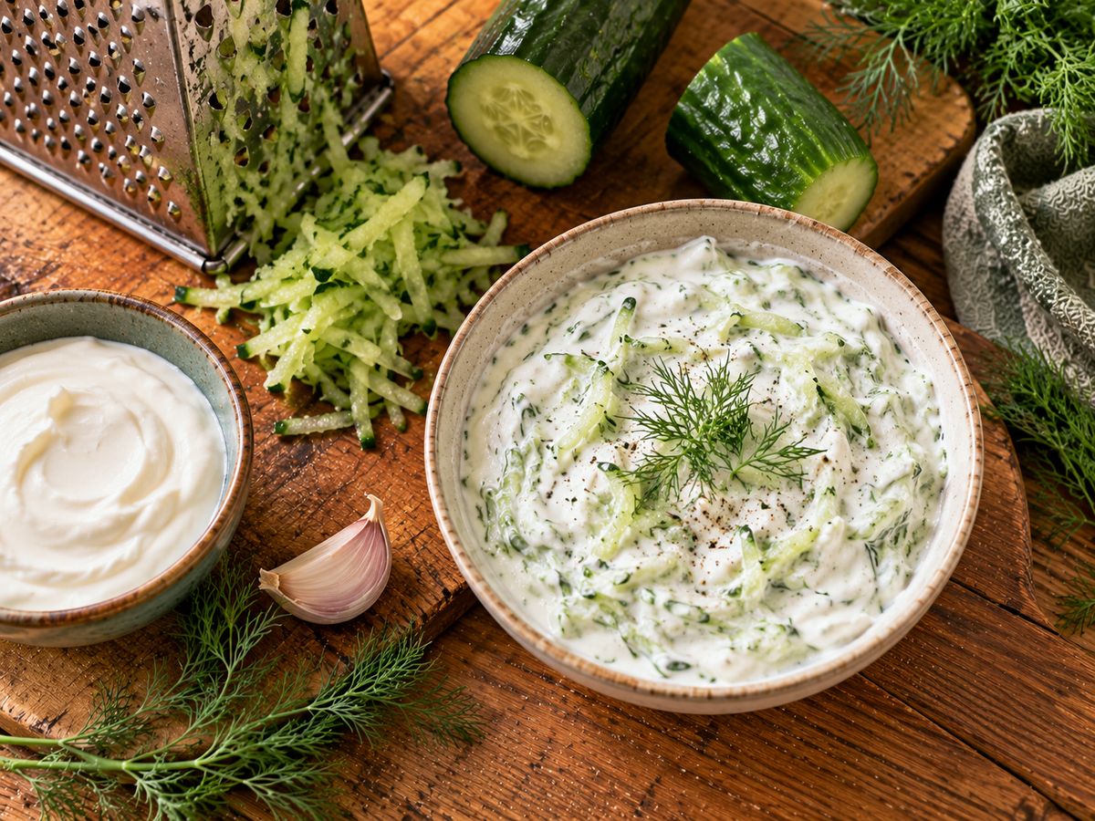 Schale Gurken-Dip mit Sojajoghurt und Dill neben geraspelter Gurke