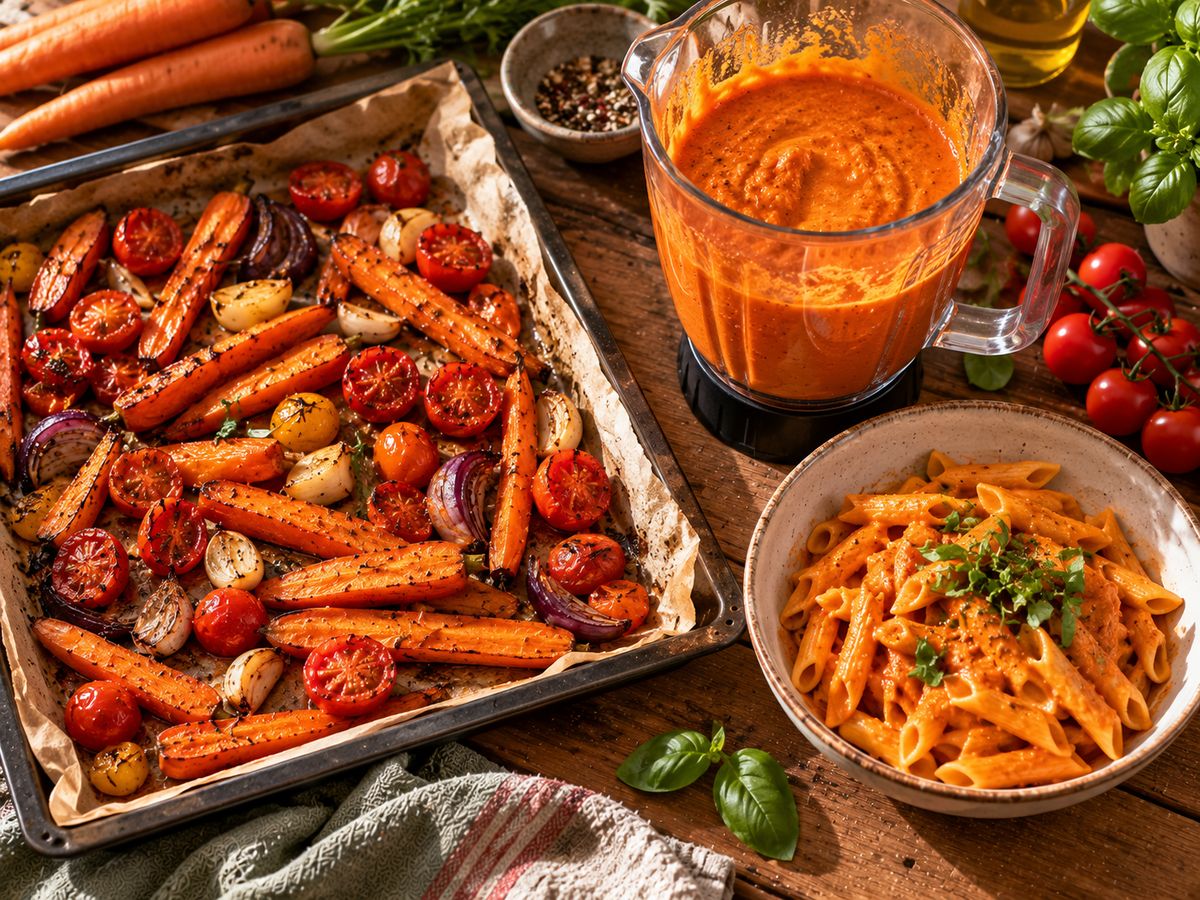 Geröstete Möhren und Tomaten vom Blech, pürierte Soße im Mixer und Nudeln mit Soße