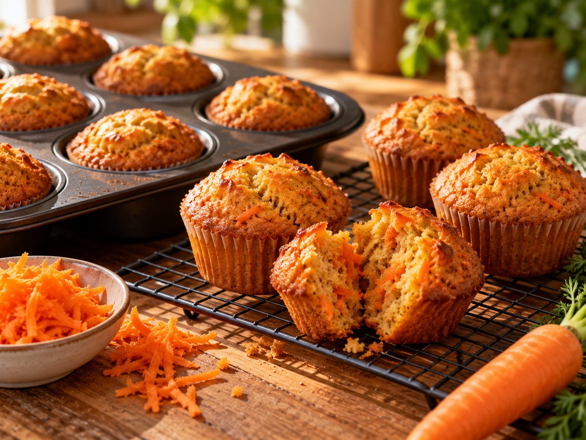 Möhren-Muffins im Blech und auf dem Gitter, einer aufgebrochen