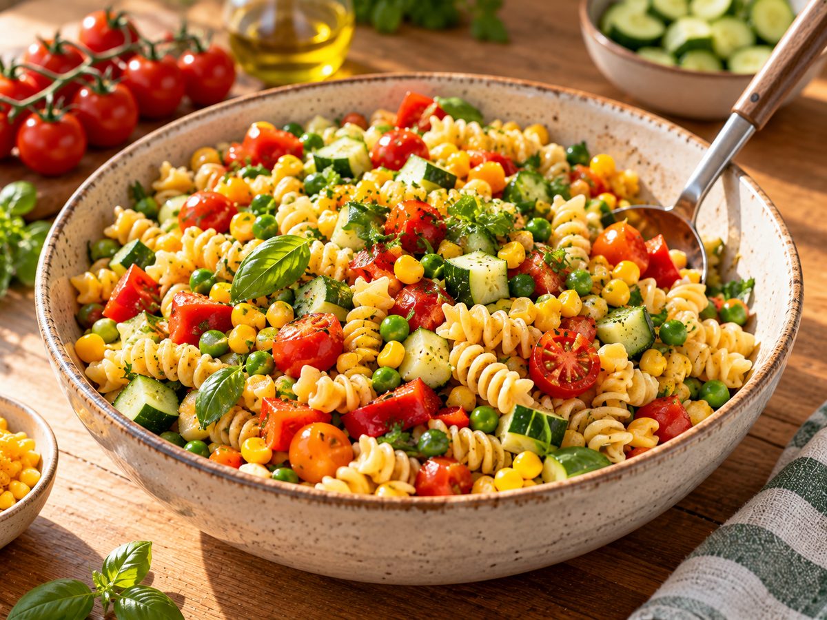 Große Schüssel bunter Nudelsalat mit Mais, Erbsen, Gurke und Tomaten