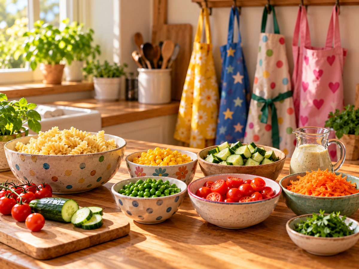 Schälchen mit vorbereiteten Zutaten und bunte Kinderschürzen