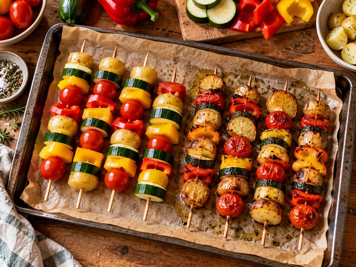 Bunte Gemüse-Spieße auf einem Backblech, roh und gebacken