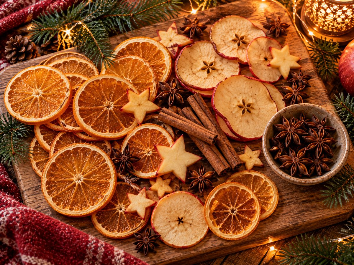 Ausgestochene Apfelsterne, Orangenscheiben und Zimtstangen auf einem Holzbrett