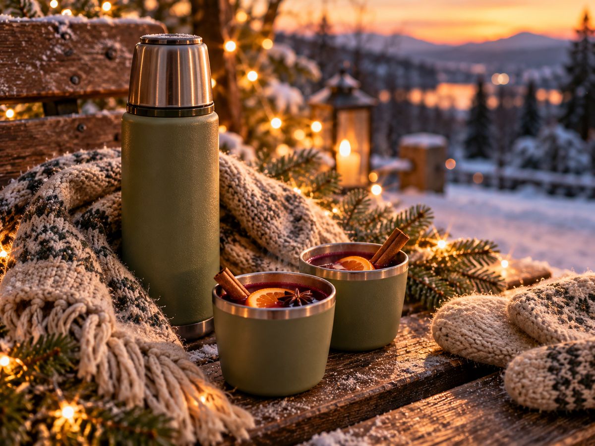 Thermoskanne und Becher mit Kinderpunsch auf einer Bank im Schnee