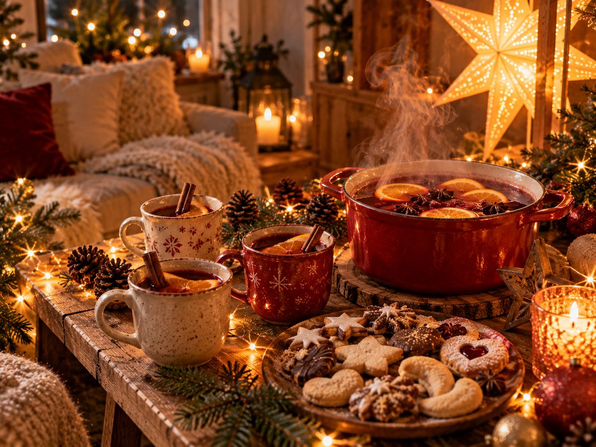 Gemütliches Wohnzimmer im Advent mit Punschtopf, Tassen und Plätzchen