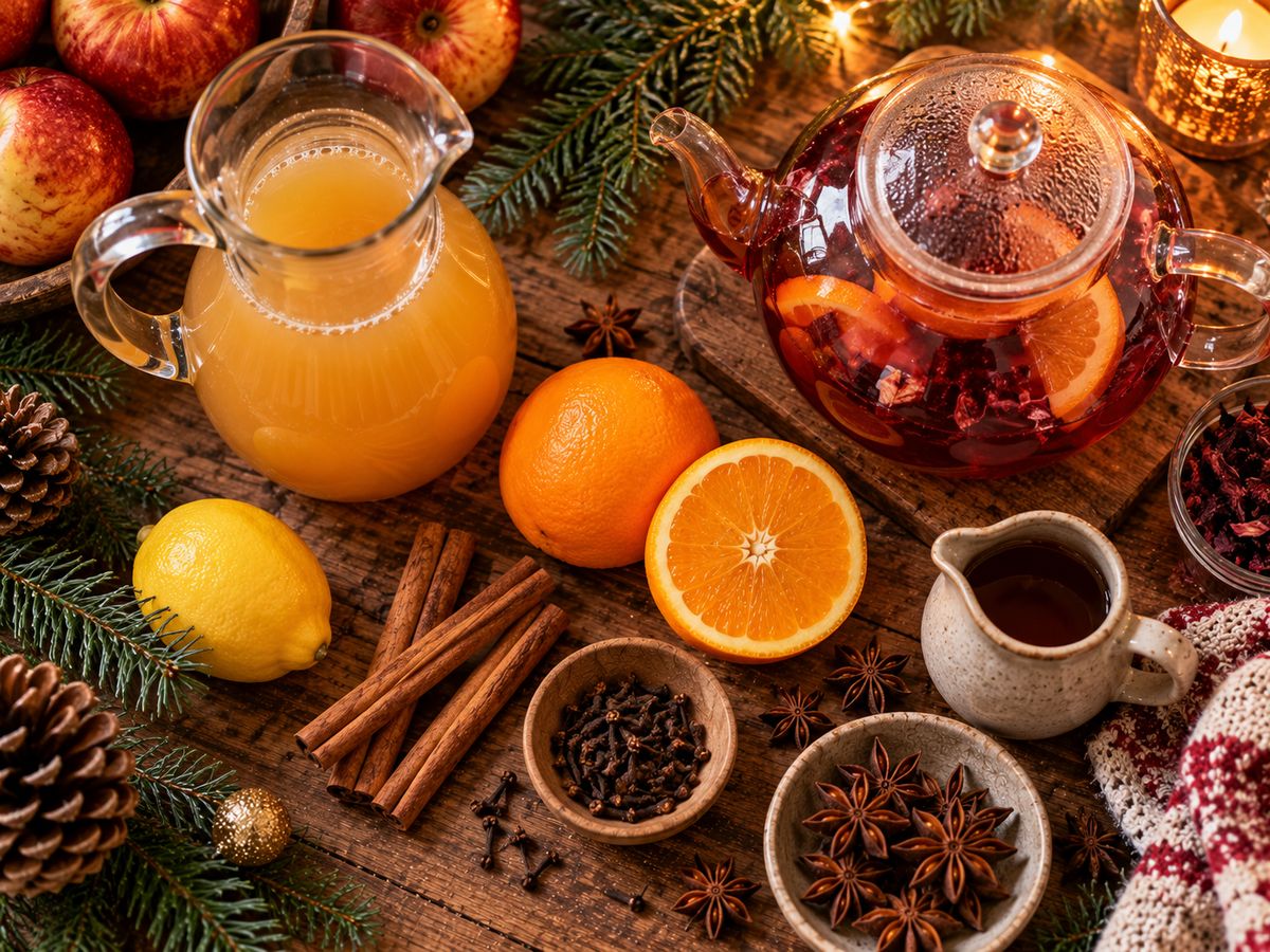 Zutaten für Kinderpunsch: Apfelsaft, Früchtetee, Orangen, Zimtstangen, Sternanis und Nelken