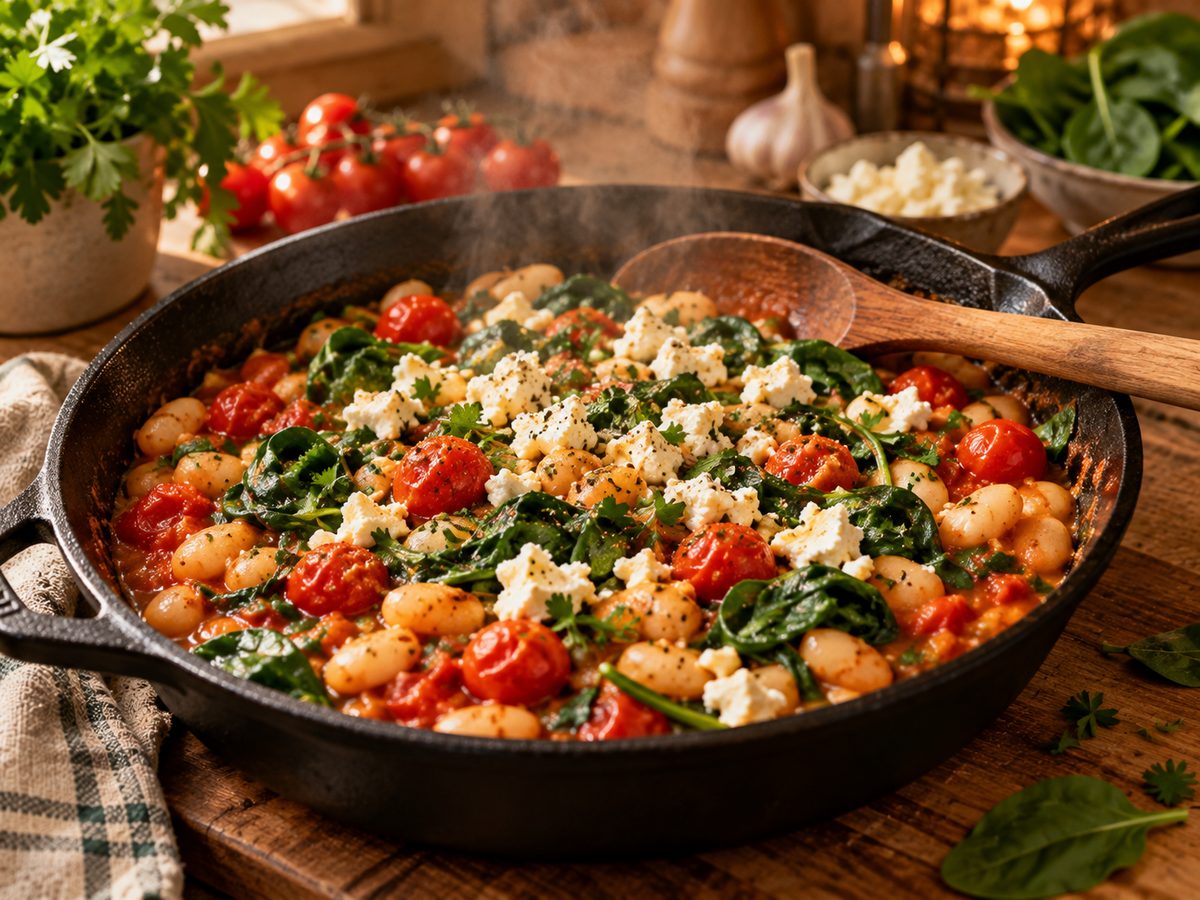 Pfanne mit weißen Bohnen, Spinat, Tomaten und veganem Feta