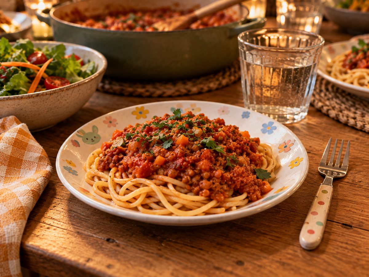 Kinderteller mit Spaghetti und roter Linsen-Bolognese