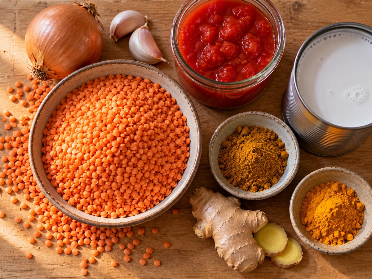Rote Linsen, Zwiebel, Knoblauch, Tomaten, Kokosmilch und Gewürze