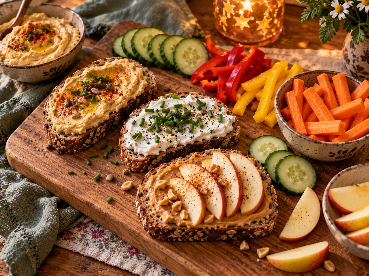 Brote mit Hummus, Frischkäse und Erdnussmus mit Apfelscheiben, dazu Gemüsesticks