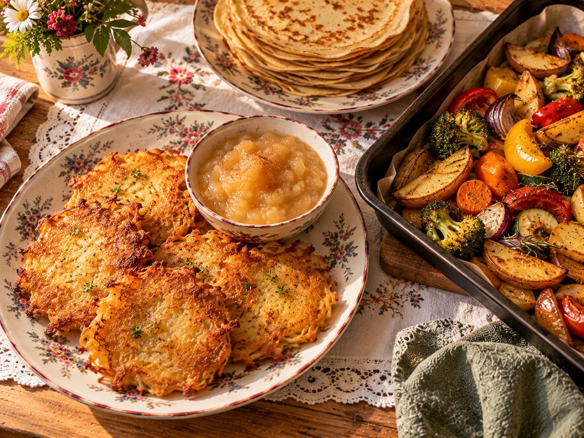 Kartoffelpuffer mit Apfelmus, Pfannkuchen und Ofengemüse vom Blech auf Omas Tisch