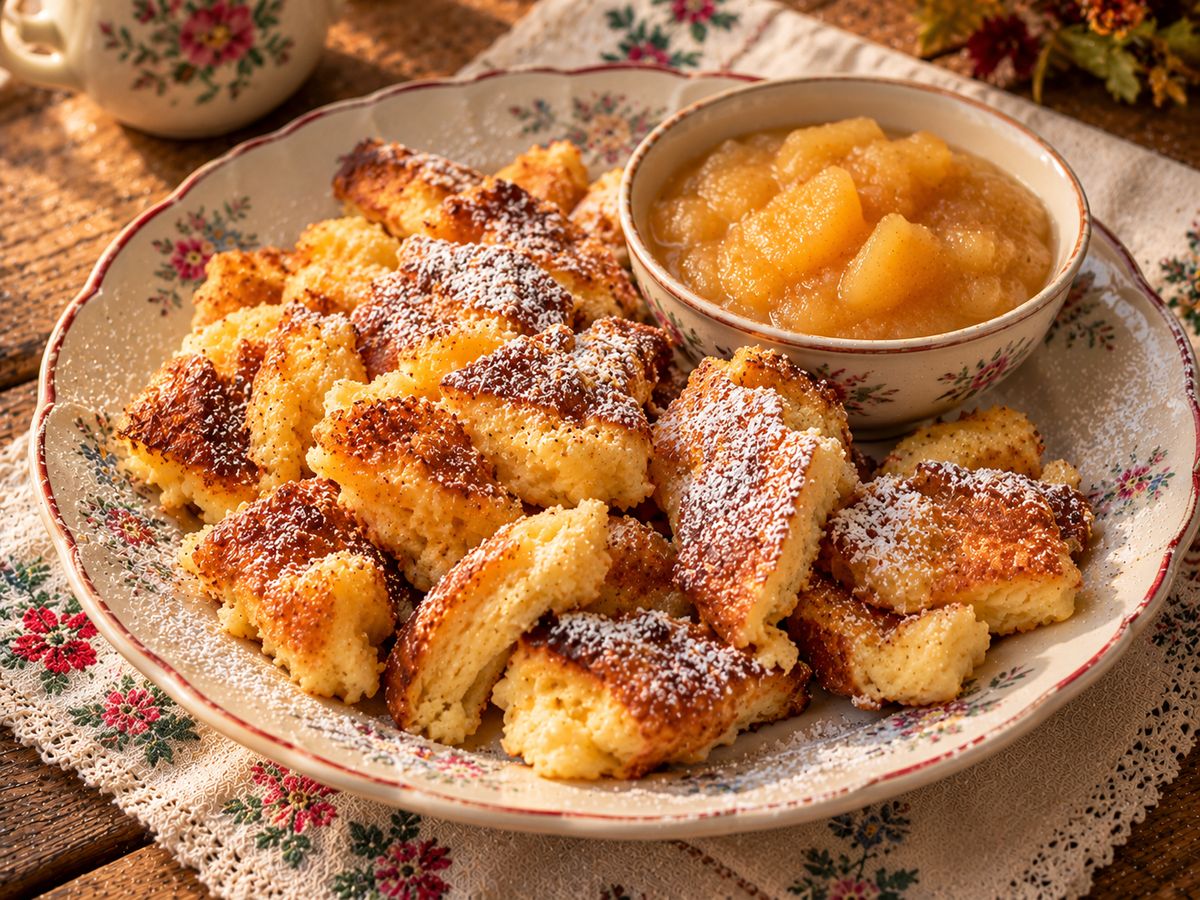 Zerrupfter Kaiserschmarrn mit Puderzucker und Apfelmus in der Pfanne
