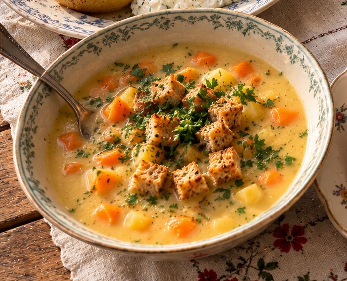 Teller Kartoffelsuppe mit Möhren, Lauch und gerösteten Brotwürfeln