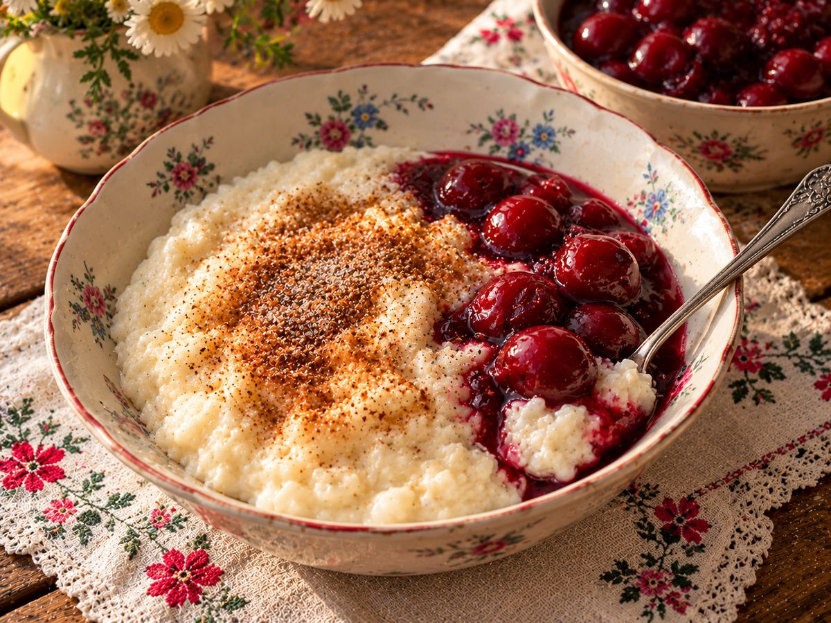 Schüssel Milchreis mit Zimt-Zucker und Kirschen