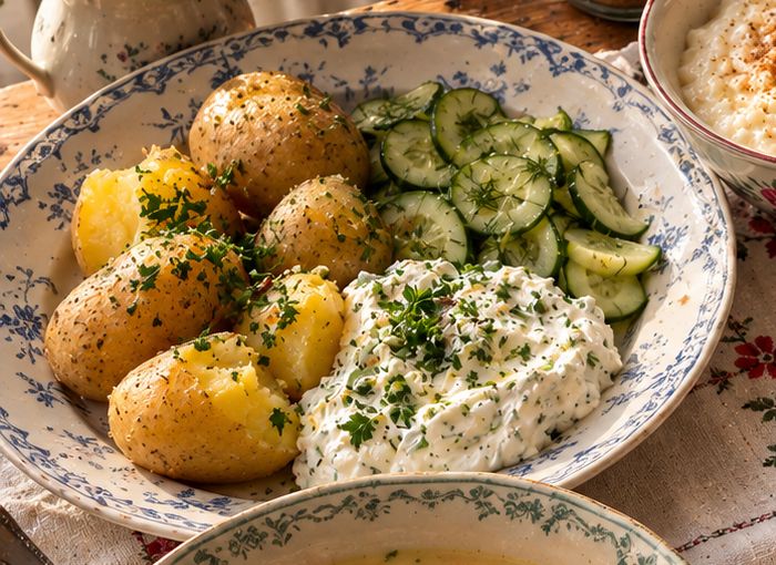 Pellkartoffeln mit Kräuterquark und Gurkensalat auf einem Teller
