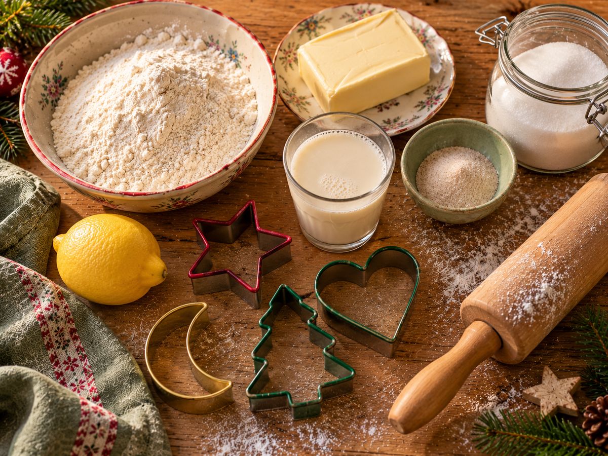 Zutaten für Plätzchen: Mehl, Margarine, Zucker, Haferdrink, Zitrone, Nudelholz und Ausstecher
