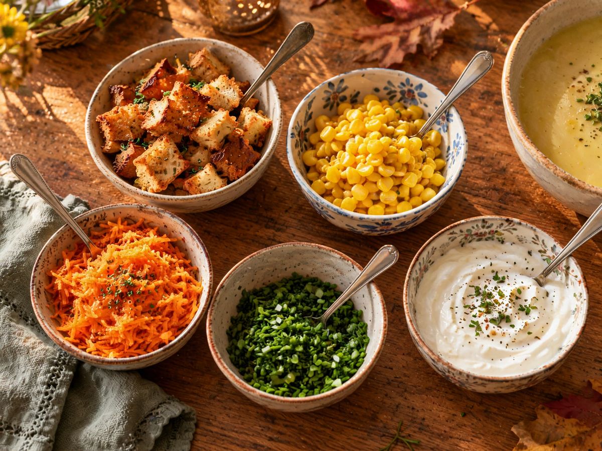 Schälchen mit gerösteten Brotwürfeln, Mais, geraspelter Möhre, Schnittlauch und Haferjoghurt
